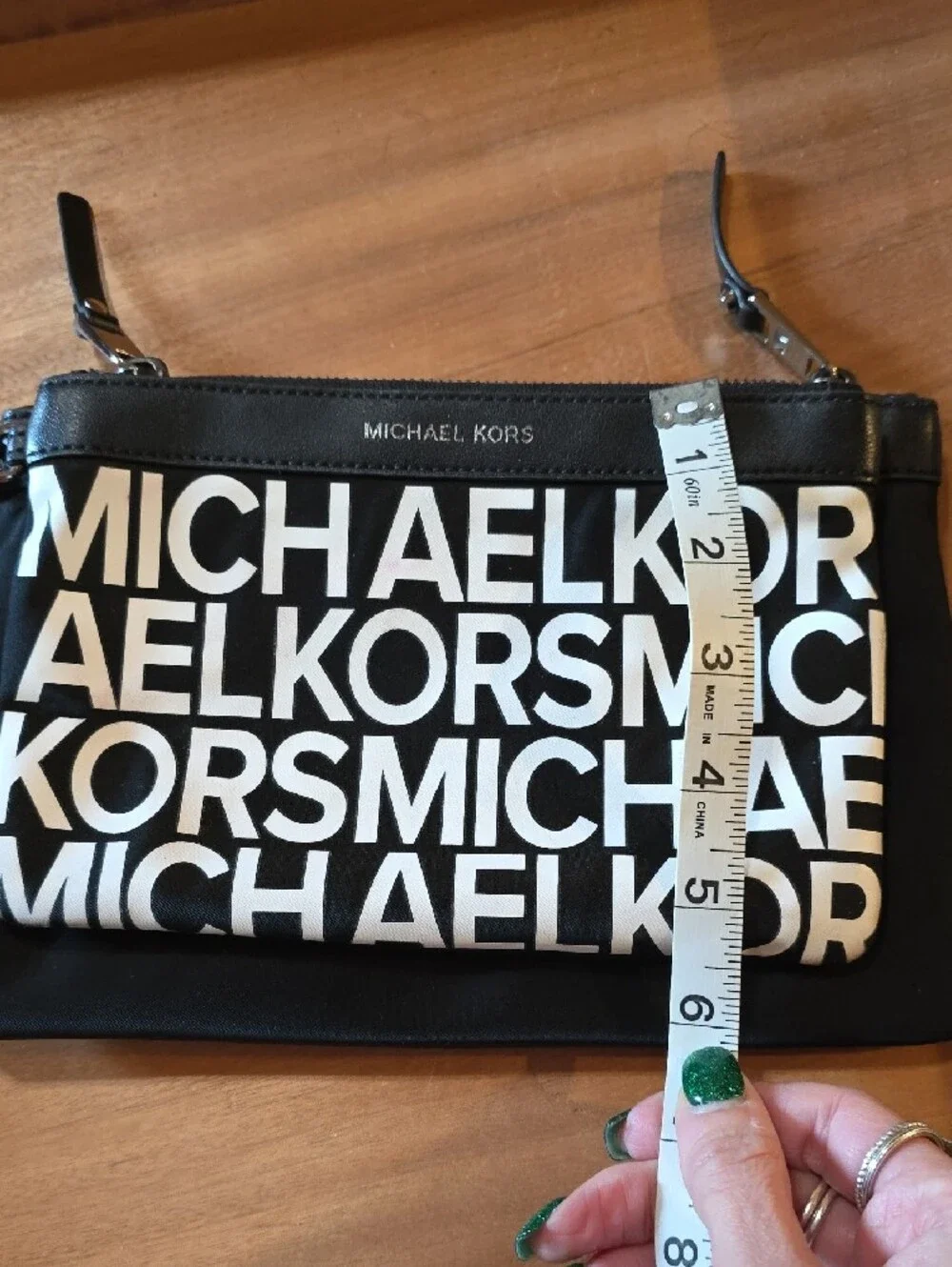 Michael Kors Nylon & Leather Trim Convertible Wristlet Pouch Set Black White Log
